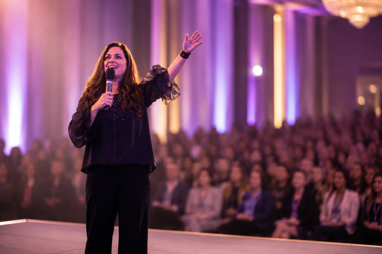 Woman speaking on stage to a large audience